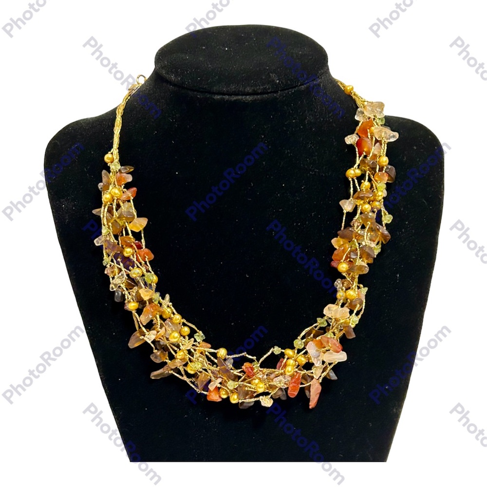 BOHO Multi Strand Polished Stone Beaded Necklace Amber Brown Gold Tone 7" Drop